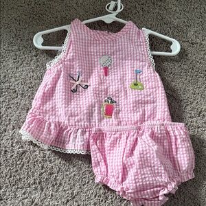 Mud pie Pink Gingham Baby Outfit with Embroidered Details